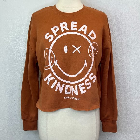 NWT Smiley World Spread Kindness Rust Ora Cropped Pullover Sweatshirt Size S - Picture 2 of 8